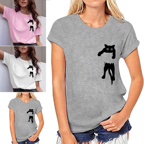 Cat Print Loose Short Sleeve T-shirt